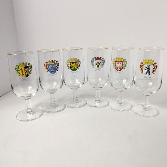 Set of 6 German Coat of Arms Wine Glasses Short Stem Port 6.5 Inch Vintage - Picture 1 of 9